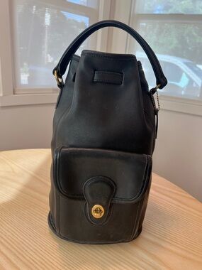 Vintage Coach Black Leather Messenger Bag with Gold Hardware bucket